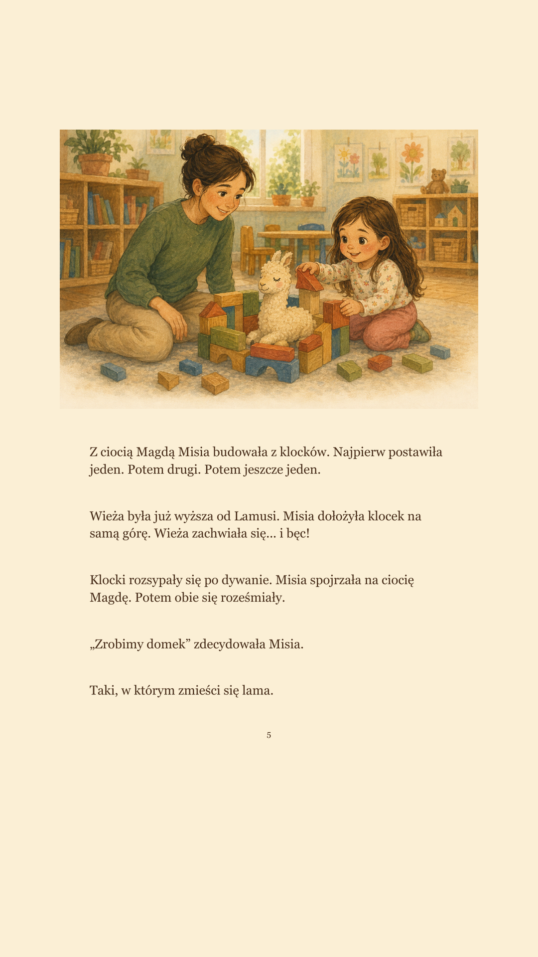 Przykładowa strona bajki z Misią budującą wieżę z klocków